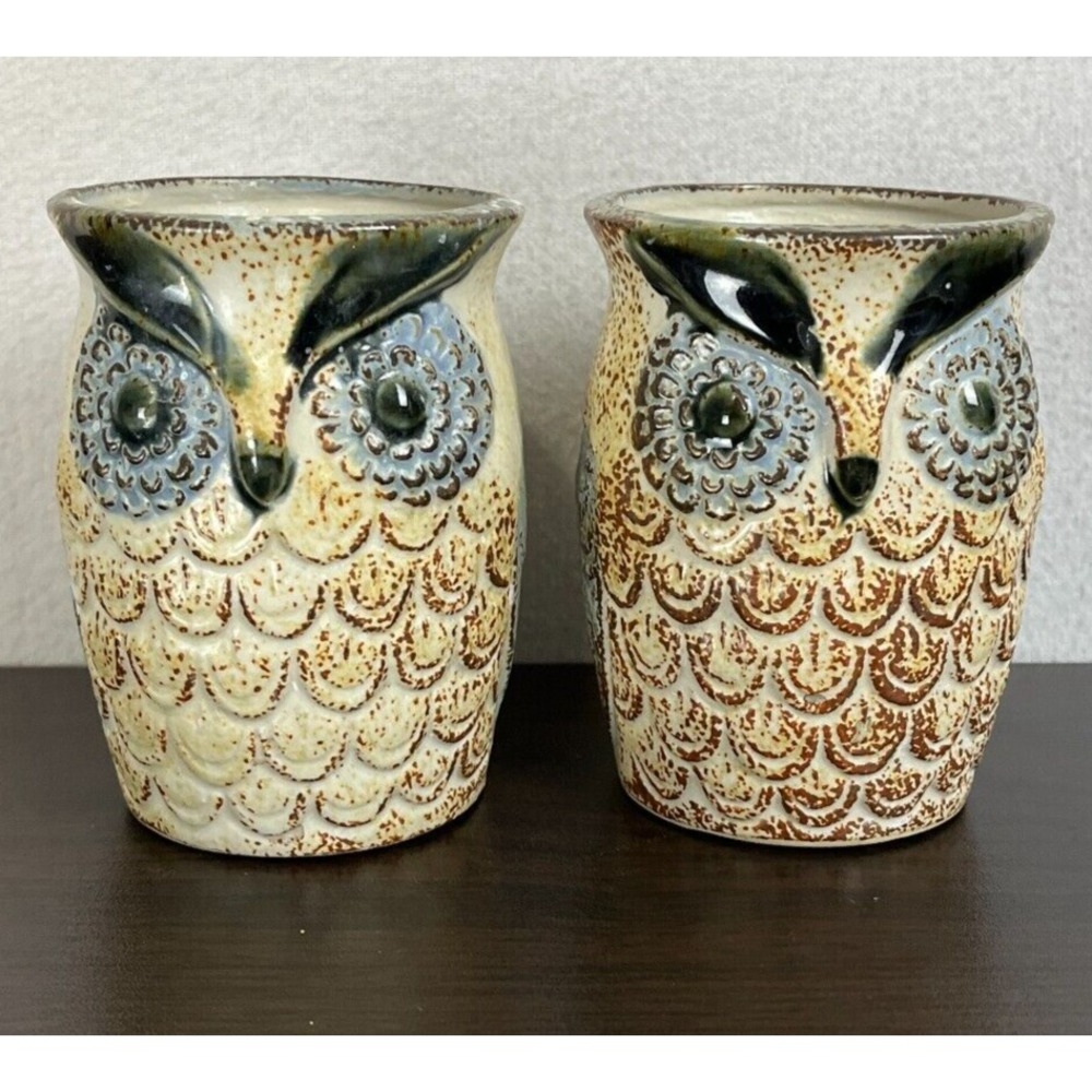 Vintage Pottery Made in Japan Owl Cup Vase Pen Holder Set of 2 70's 1970's